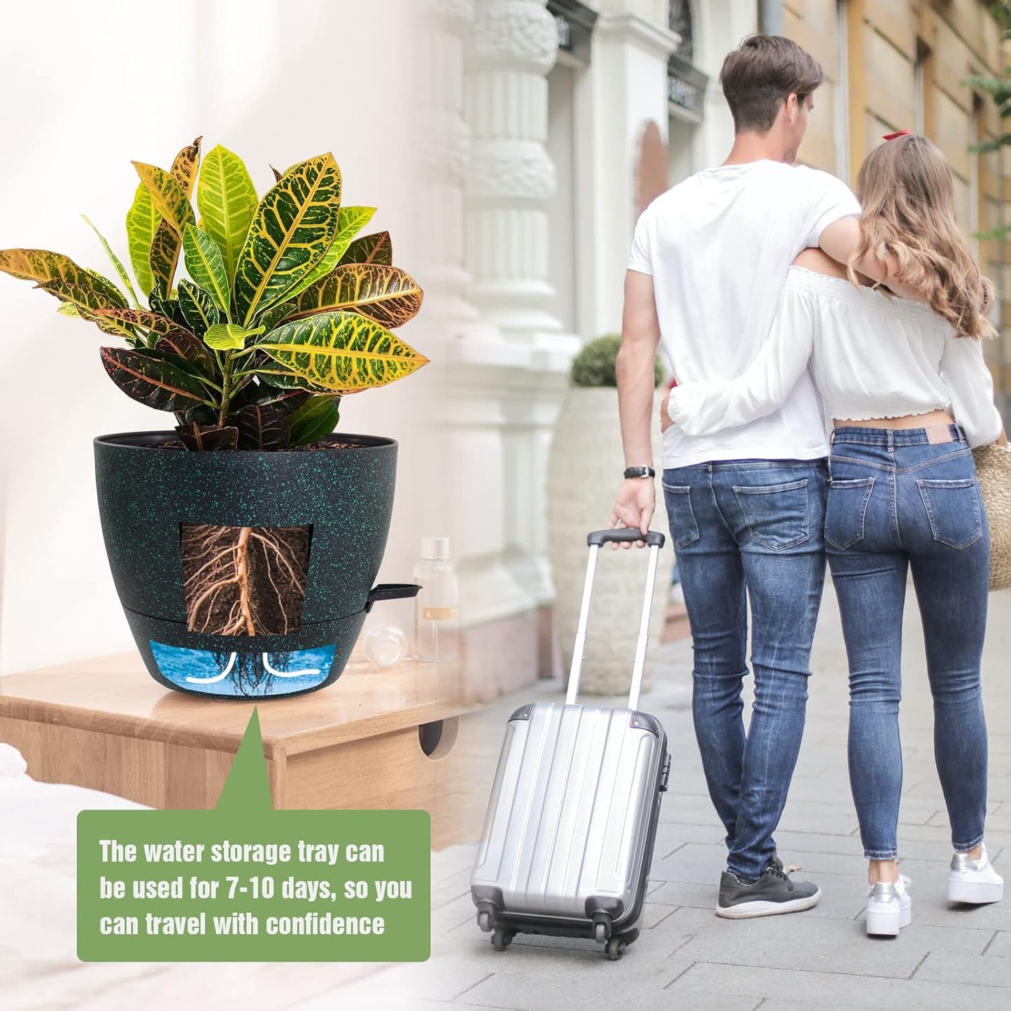 10/9/8 inch Self Watering Pots, Set of 3 Plastic Planters with Mesh Drainage Holes and Deep Reservoir for Indoor Outdoor Garden Plants and Flowers, Black with Green Speckles