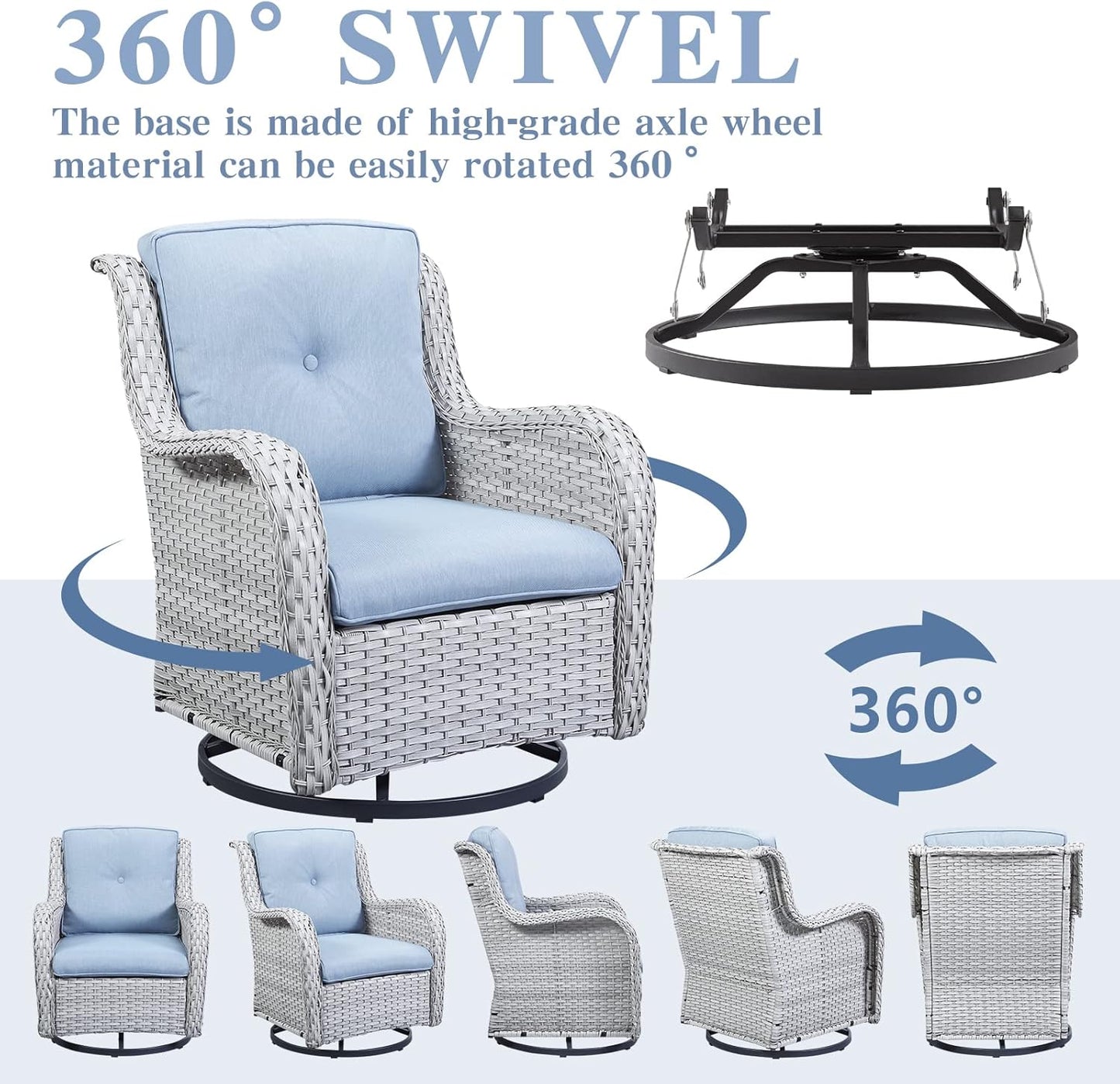 5 Piece Outdoor Patio Furniture Set - Wicker Furniture Patio Conversation Set, Outdoor Swivel Rocker Chairs with 3-Seater Sofa and 2 Ottomans for Small Space, Baby Blue Cushion