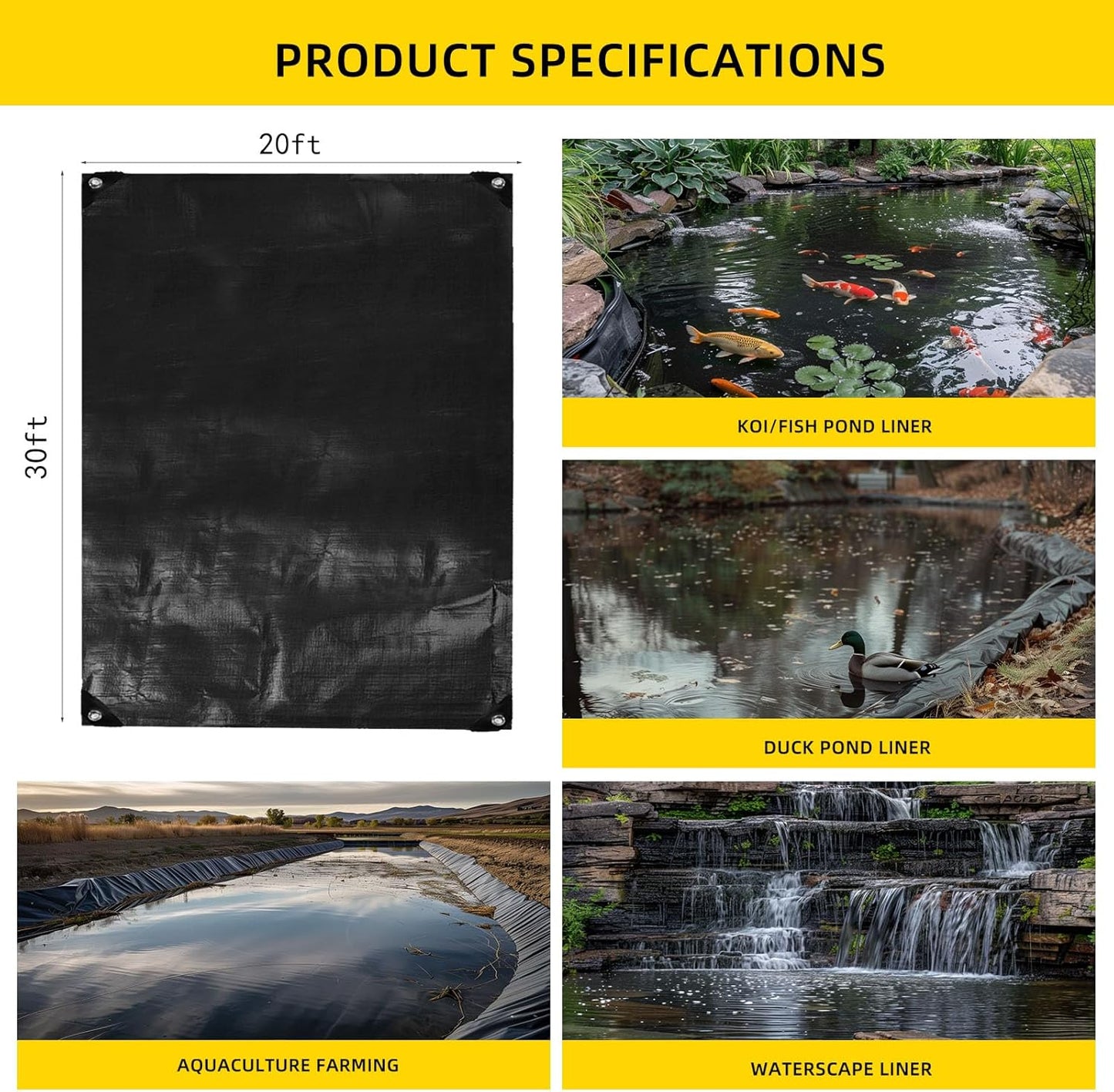 TEZONG Pond Liner,20x30Ft Pond Liners for Outdoor,28Mil PE Black Koi Fish Pond Liners,Reinforced Pond Underlayment for Ponds,Water Gardens,Waterfall, Stream, Fountains,Aquaculture,Agricultural