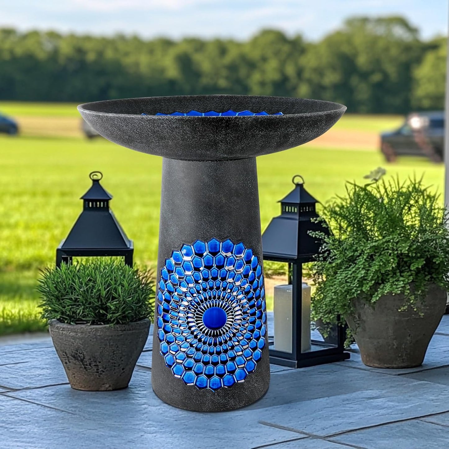 21.5'' Tall Ceramic Bird Bath for Outdoor, Heavy Duty - Cold-Weather Resistant Bird Bath, Garden and Patio Décor - Diamond Blue