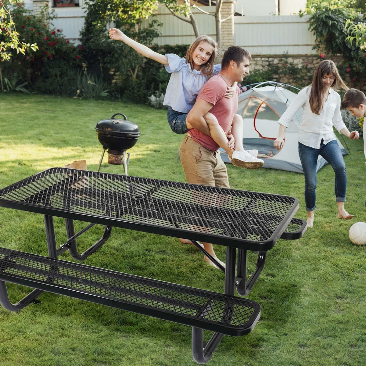 6 ft. Rectangular Outdoor Steel Picnic Table with Umbrella Pole, Heavy-Duty Weather-Resistant Dining Table for Patio, Backyard, and Garden, Rust-Resistant Finish, Black