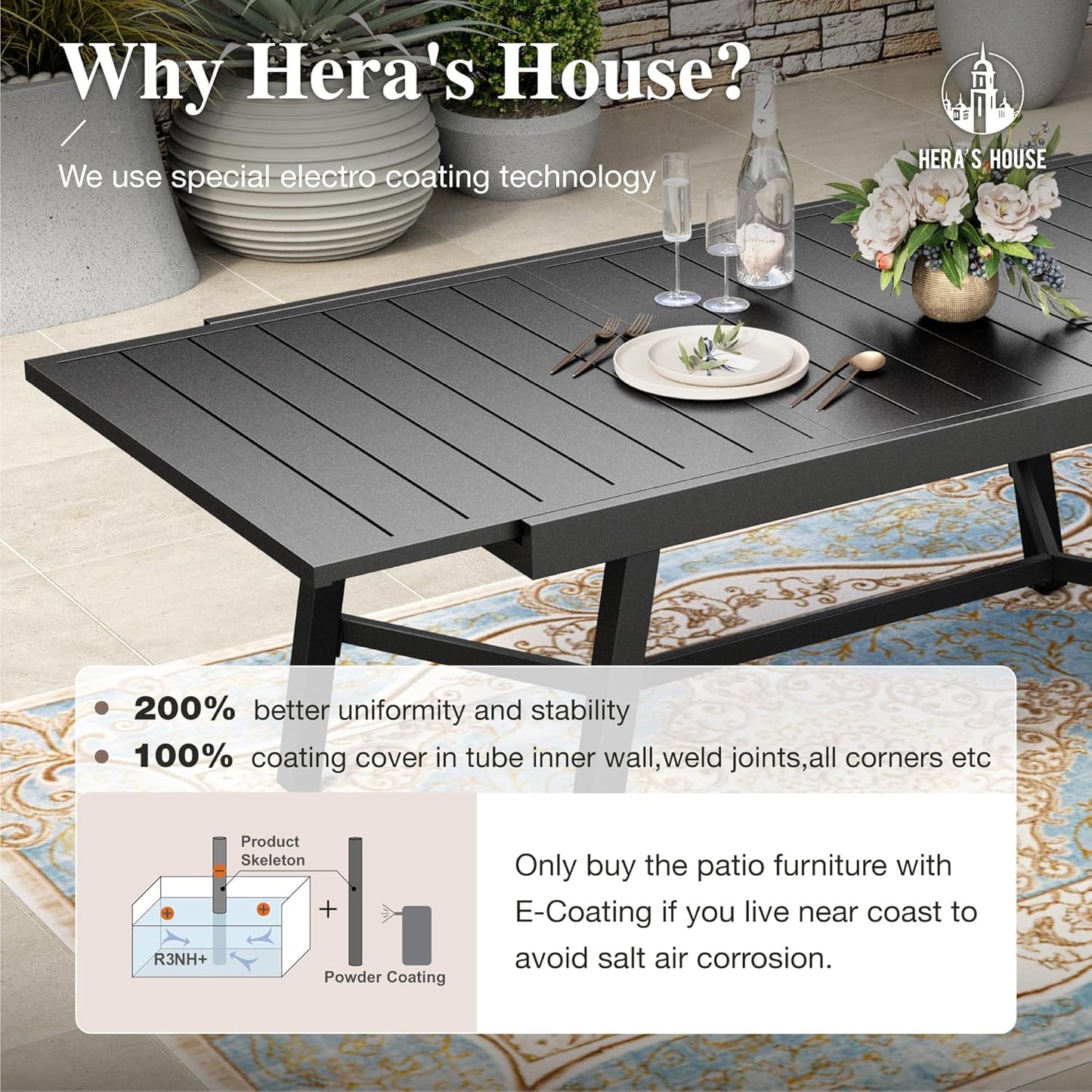 HERA'S HOUSE Extendable Patio Table and Chairs Set for 8, 9 Pieces Outdoor Dining Set, Rectangular Metal Dining Table with 8 x Chairs for Deck Lawn Garden Porch, Blue