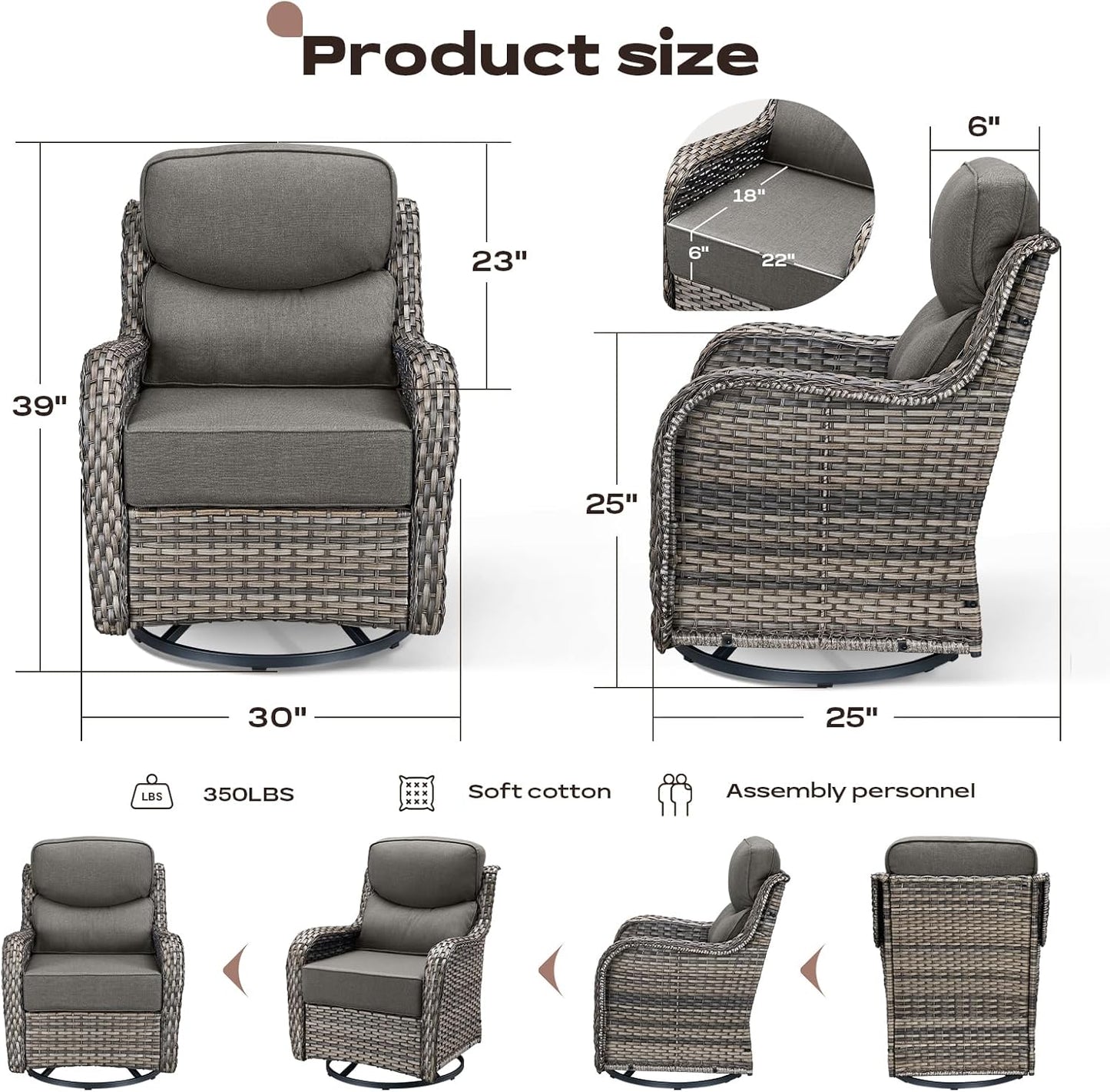 Outdoor Patio Swivel Rocker Chairs Set of 2, Waterproof Wicker, High Back, Deep Seating, Wide Armrest, Upgraded 6 inch Thick Cushions, Side Table, Ideal for Deck Porch Yard, Mixed Grey-Grey