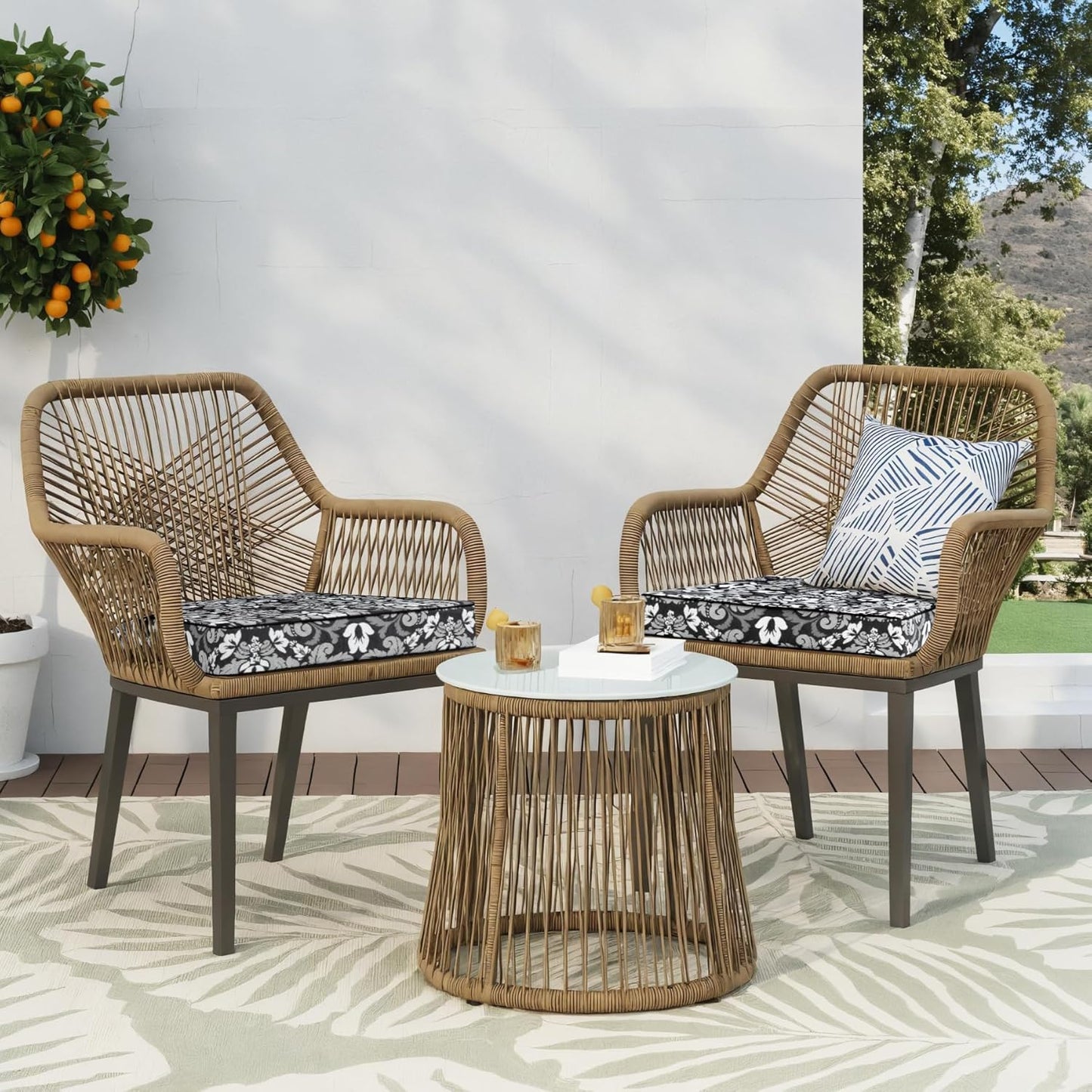 Favoyard Outdoor Chair Cushion 24 x 24 x 4 In Waterproof Pattern Fade Resistant Cushions for Patio Furniture with Removable Cover Attach Straps 28D Foam Insert Cushions Pads for Seat Sofa Couch 2 Pack