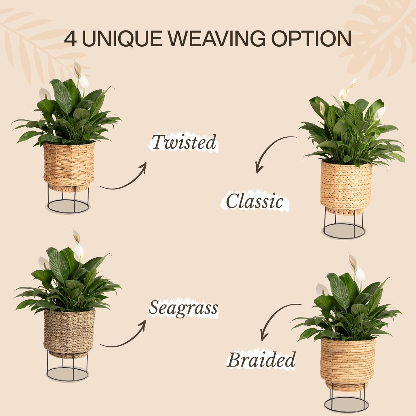 Set of 2 Water Hyacinth Planter Pot with Metal Stand - Indoor Plant, Flower, Succulent, Basket Planter, Decorative Pot Cover (Classic)