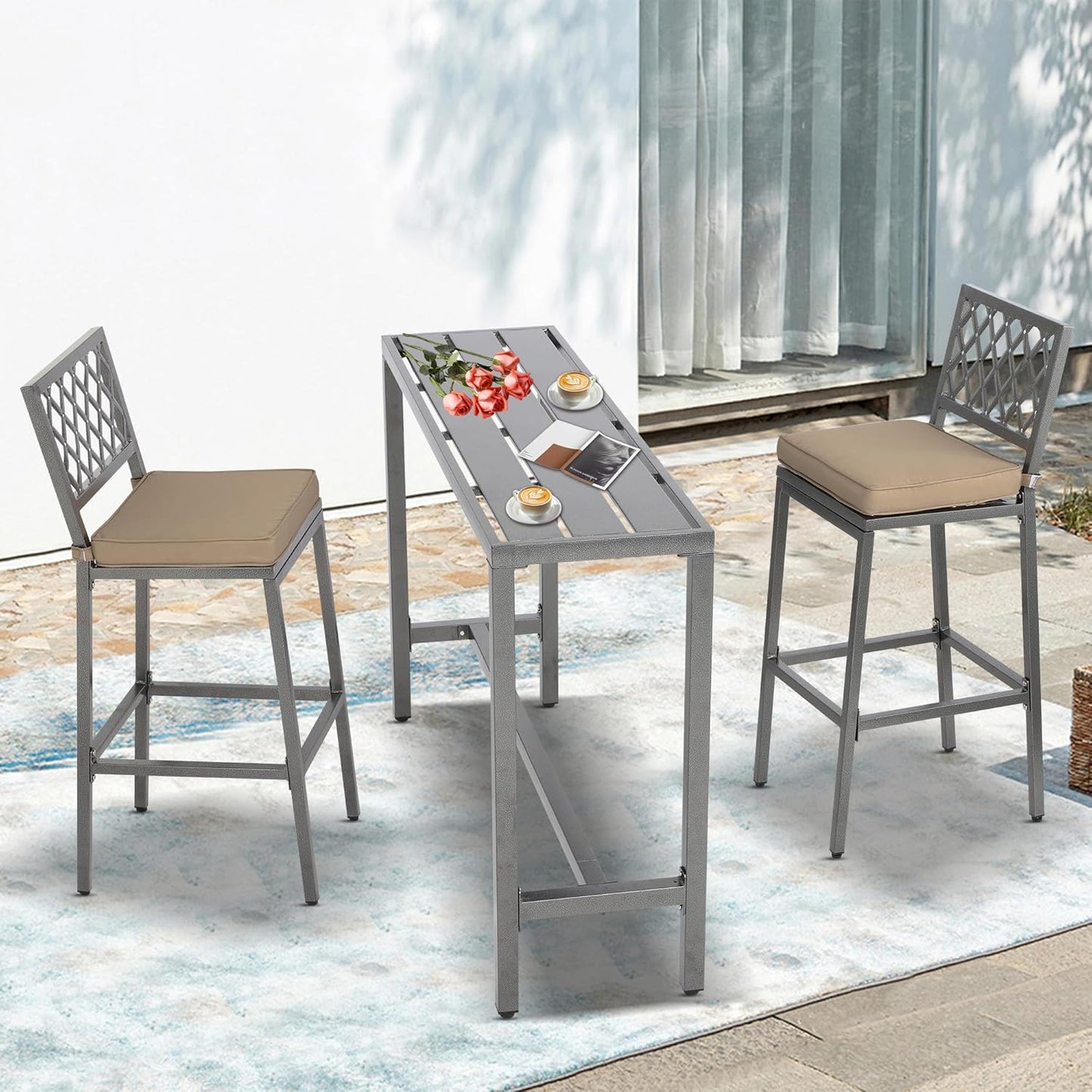 3-Piece Outdoor Patio Bar Set, Bar Height Patio Dining Set, Weather-Resistant Bistro Counter Pub Set with Cushions & Slatted Tabletop for Backyard, Garden, Yard