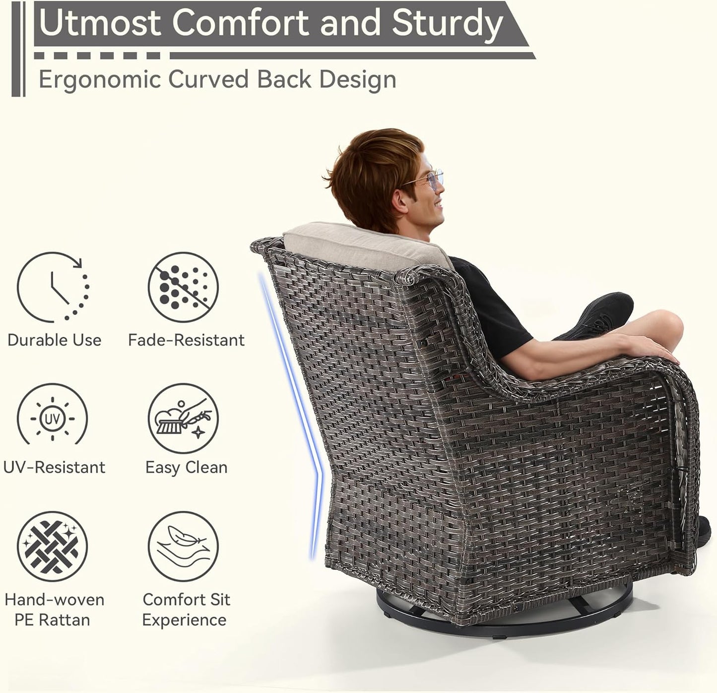 6 Pieces Outdoor Furniture Set - Patio Wicker Swivel Rocker Chair Set of 4 and 2 Side Table, Beige, Mixed Brown Rattan, Suitable for Porch, Yard