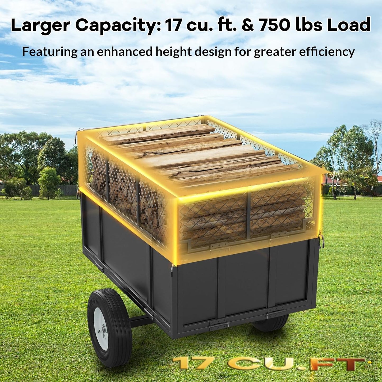 750 Lbs Capacity ATV/UTV Dump Trailer – 15 Cu. Ft. Heavy-Duty Steel Utility Cart with Removable Sides, Universal Hitch, Hand/Foot Lever Dump, for Lawn Tractor & Riding Mower