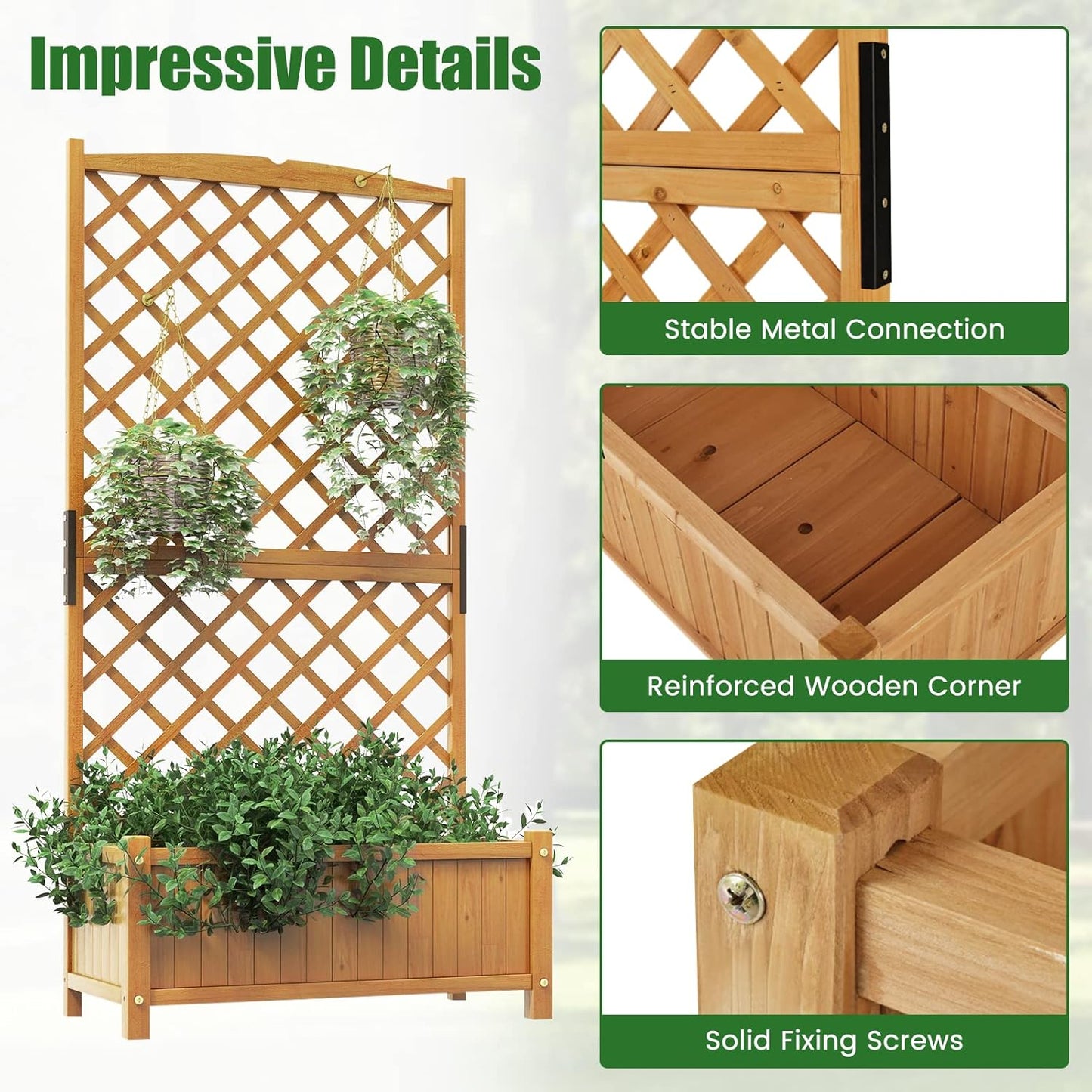 HAPPYGRILL Raised Garden Bed with Trellis, 71" Planter Raised Bed with Drainage Holes, Freestanding Garden Planter for Vine Climbing Plants, Wooden Planter Box for Yard Balcony(1, Yellow)