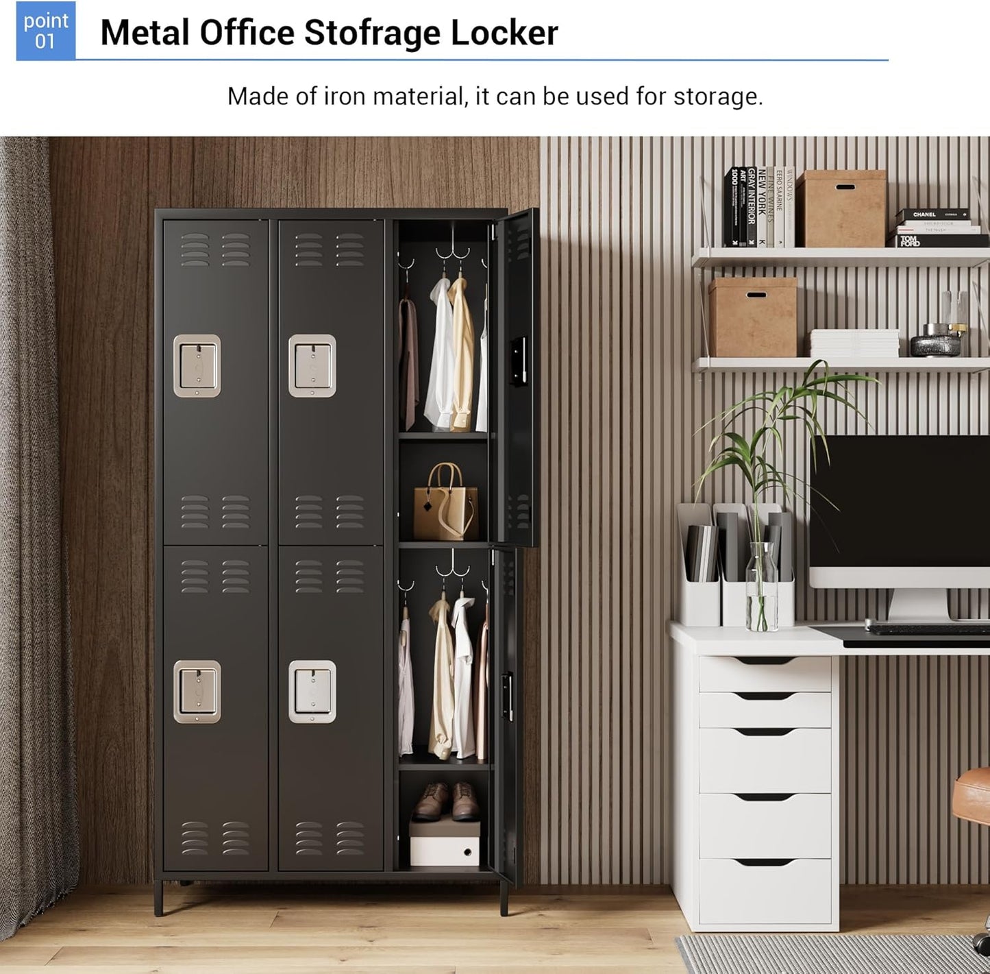 72" Metal Lockers for Employees with 6 Door, Black Metal Storage Cabinet with 18 Hooks, Industrial Locker, Assembly Required, for Gym, School, Classroom, Home, Bedroom, Office, Industrial