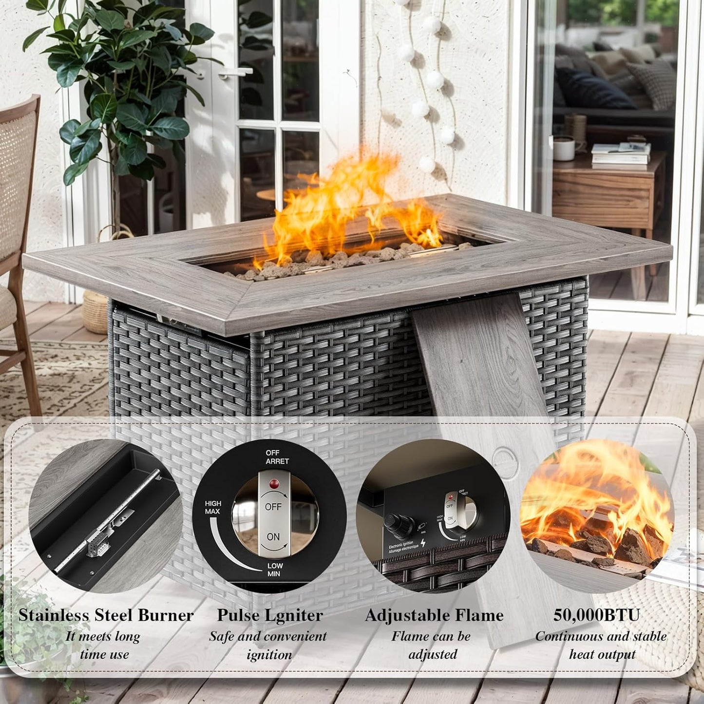 HUMMUH 7 Piece Patio Furniture Set with Fire Pit Table 41in 55,000 BTU,Wicker Outdoor Conversation Sets - Outdoor Chairs Set of 2 Patio Sofa for Porch,Garden,Backyard