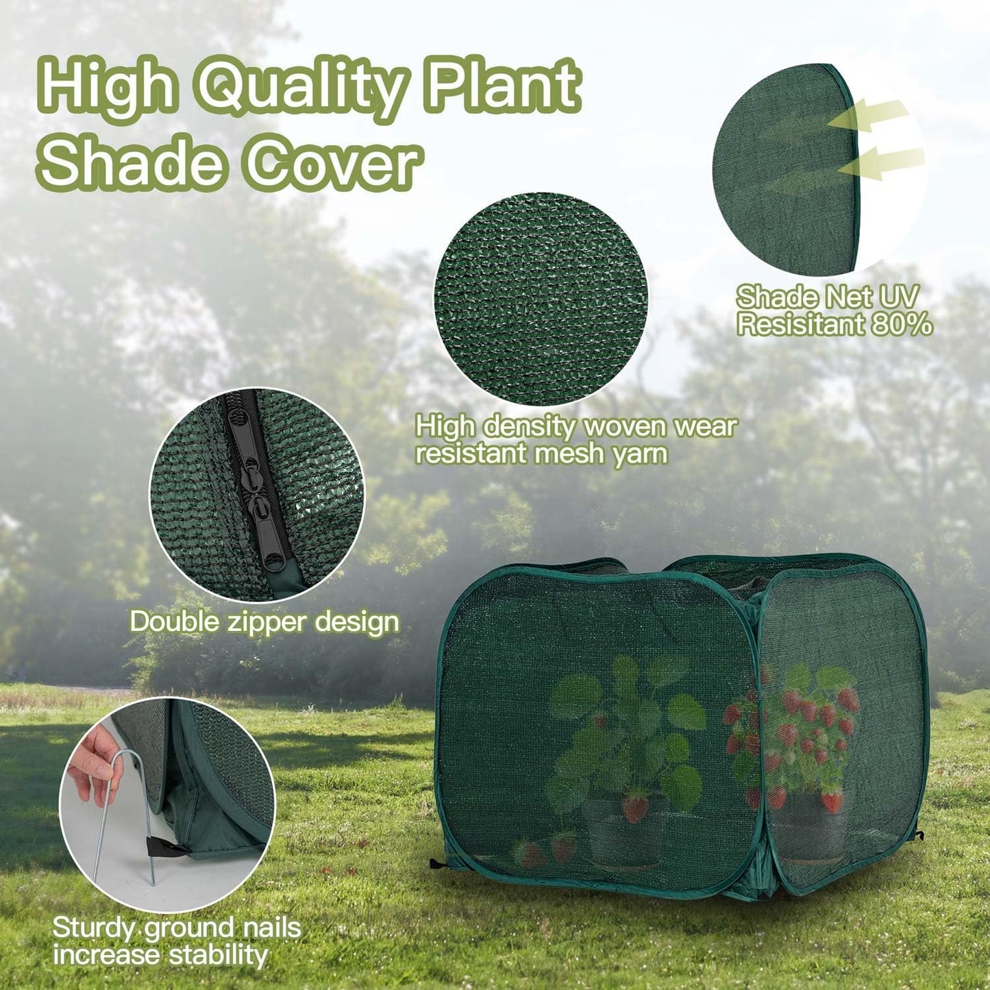 Porayhut Pop up Sunshade Cloth,Pack of 2,Easy Open Crop Shade Net UV Resisitant Plant 80% Sunblock Net for Plant Mini Flower Pot with Stakes