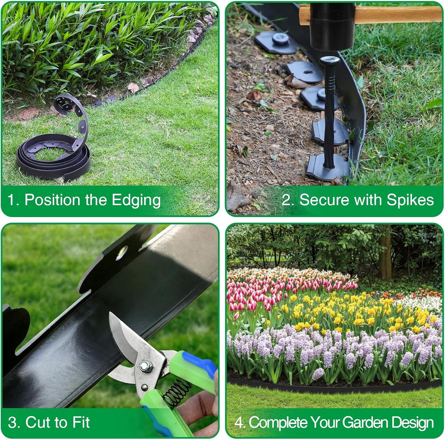 Bonviee 1.5β x 100β Landscape Edging Kit, Garden Edging Coil with 150 Pcs Spikes, No Dig Lawn Border Design