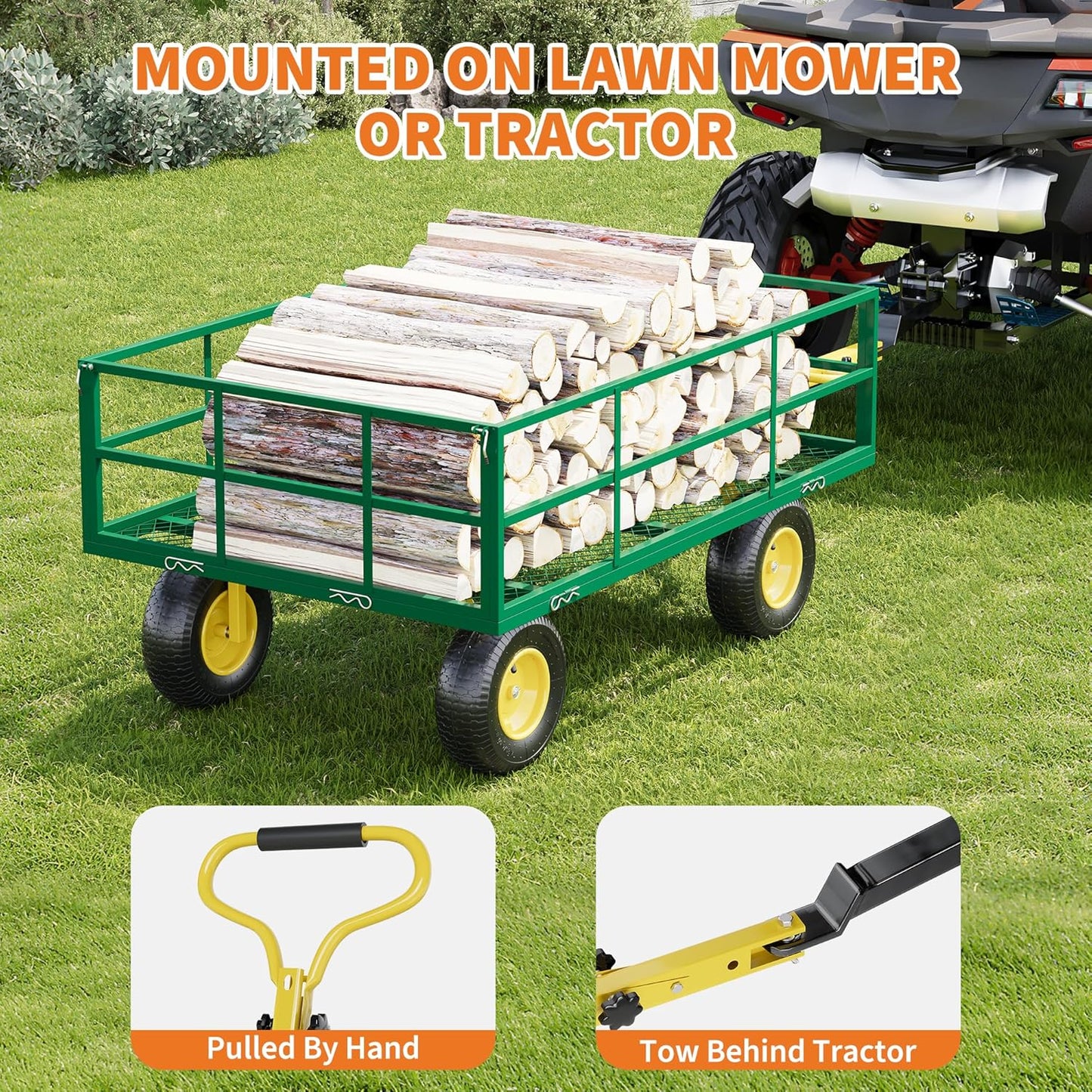 3-in-1 Heavy-Duty Steel Garden Cart, 1200 Lbs Garden Wagon, with 13 Inch All-Terrain Tires and Removable Mesh Side Panels, 180° Rotating Handle, Metal Utility Yard Trailer, Outdoor Gardens Wagon Cart