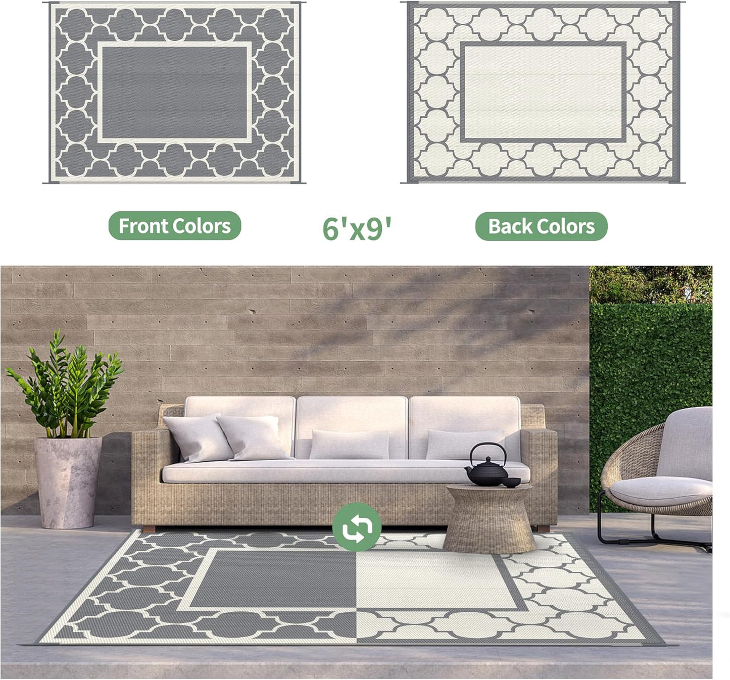 GENIMO 6' x 9' Outdoor Rug Waterproof for Patio Decor, Foldable Reversible Plastic Straw Area Rugs Mat for Camper, Outside Carpet for Rv, Deck, Porch, Picnic, Beach, Balcony, Grey & Beige White