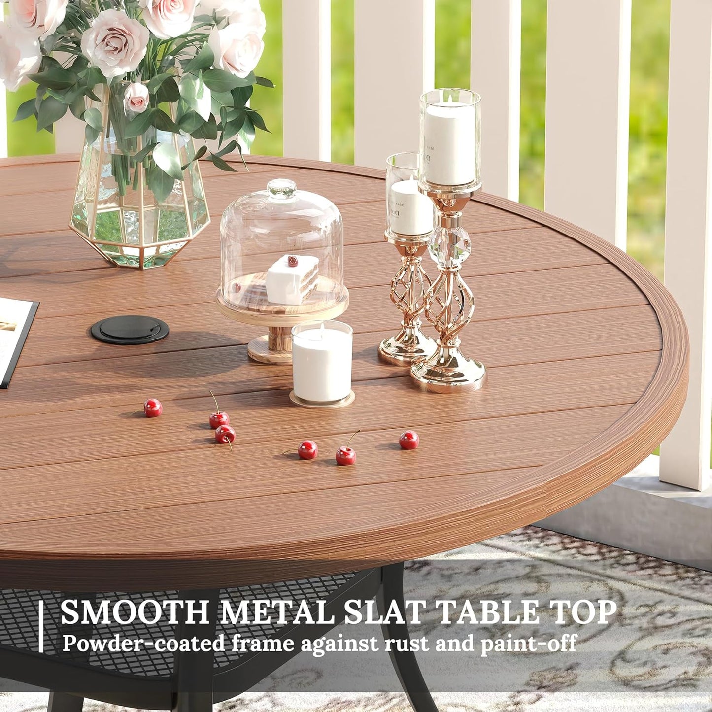 VICLLAX Round Patio Table with Adjustable Umbrella Hole, All Weather Outdoor Round Dining Table for Lawn Garden, 41.2"x 28" Walnut Wood-Like Outdoor Coffee Table