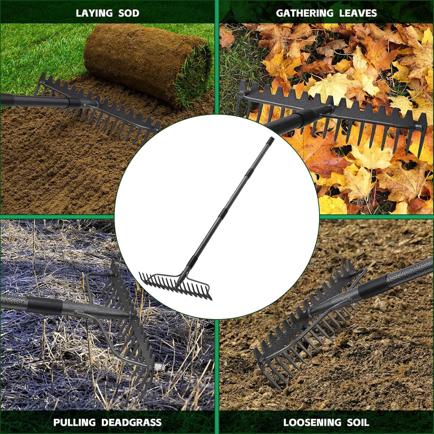 77'' Bow Rake ,17 Tines Metal Head Rakes with Stainless Steel Handle,Heavy Duty Garden Rake for Loosening Soil Gathering Leaf Leveling Lawn Farming Land Management Yarn Thatch Rake