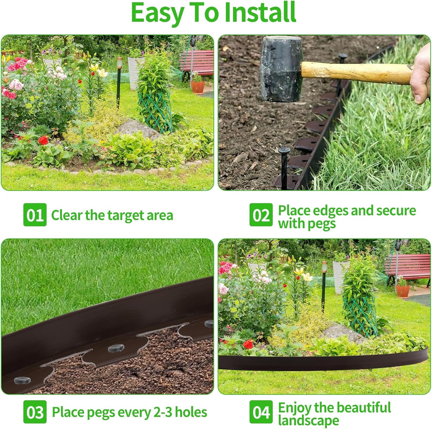 Landscape Edging Kit Flexible Lawn Edging, Landscape Edging Border 33 FT with 30 Spikes, 2" Tall No Dig Garden Edging Roll for Landscaping Flower Beds Yard Pathway (2IN x 66FT, Brown)