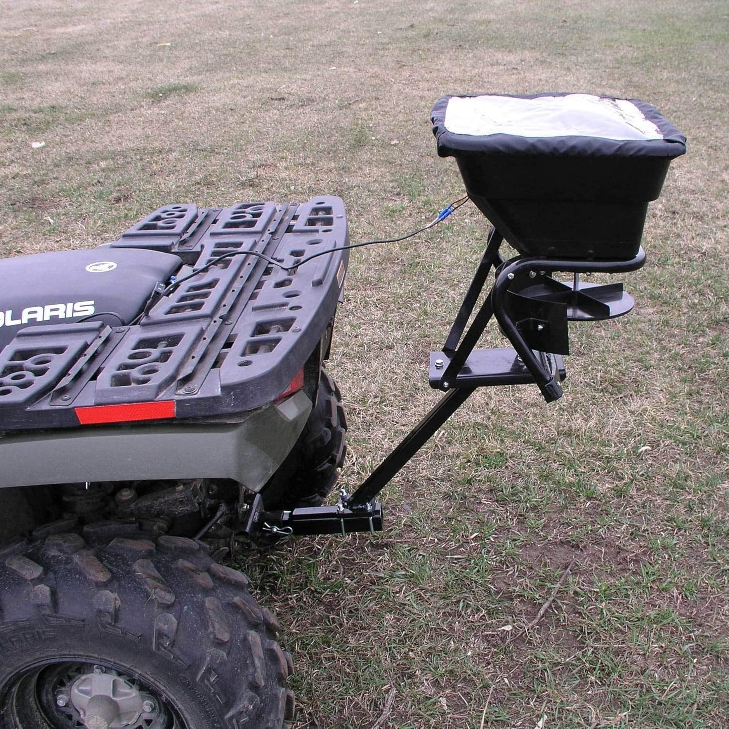 Field Tuff 12V 80 Pound Capacity Grass Seed Fertilizer Spreader with Hitch Mount Receiver and Rain Protector for ATV, UTV, or Utility Tractor