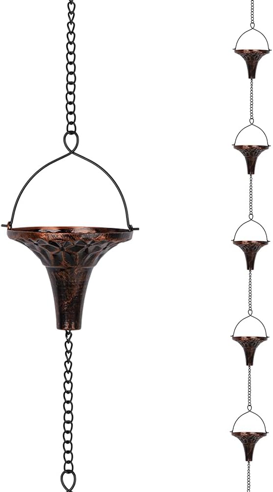 9.7ft Outdoor Rain Chain with 10 Funnel Shaped Cups Adjustable Rain Chain for Gutters, Eaves, Drains, Replacement Downspouts