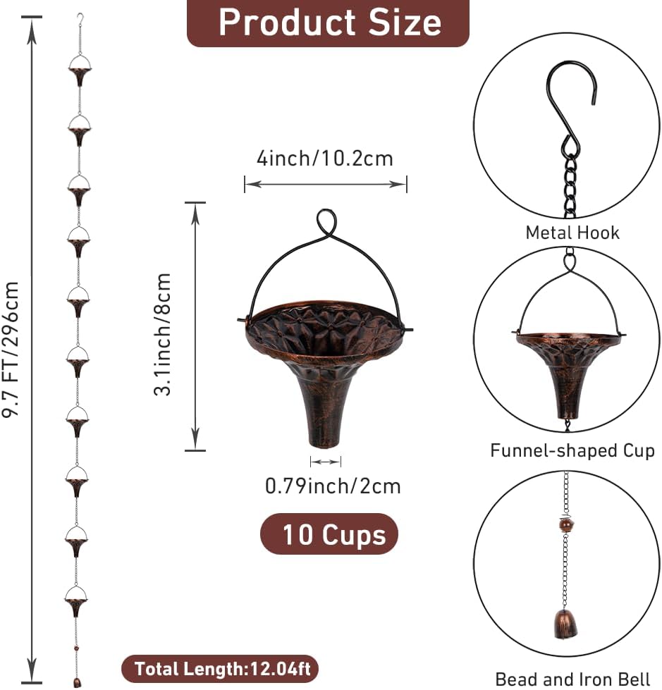 9.7ft Outdoor Rain Chain with 10 Funnel Shaped Cups Adjustable Rain Chain for Gutters, Eaves, Drains, Replacement Downspouts