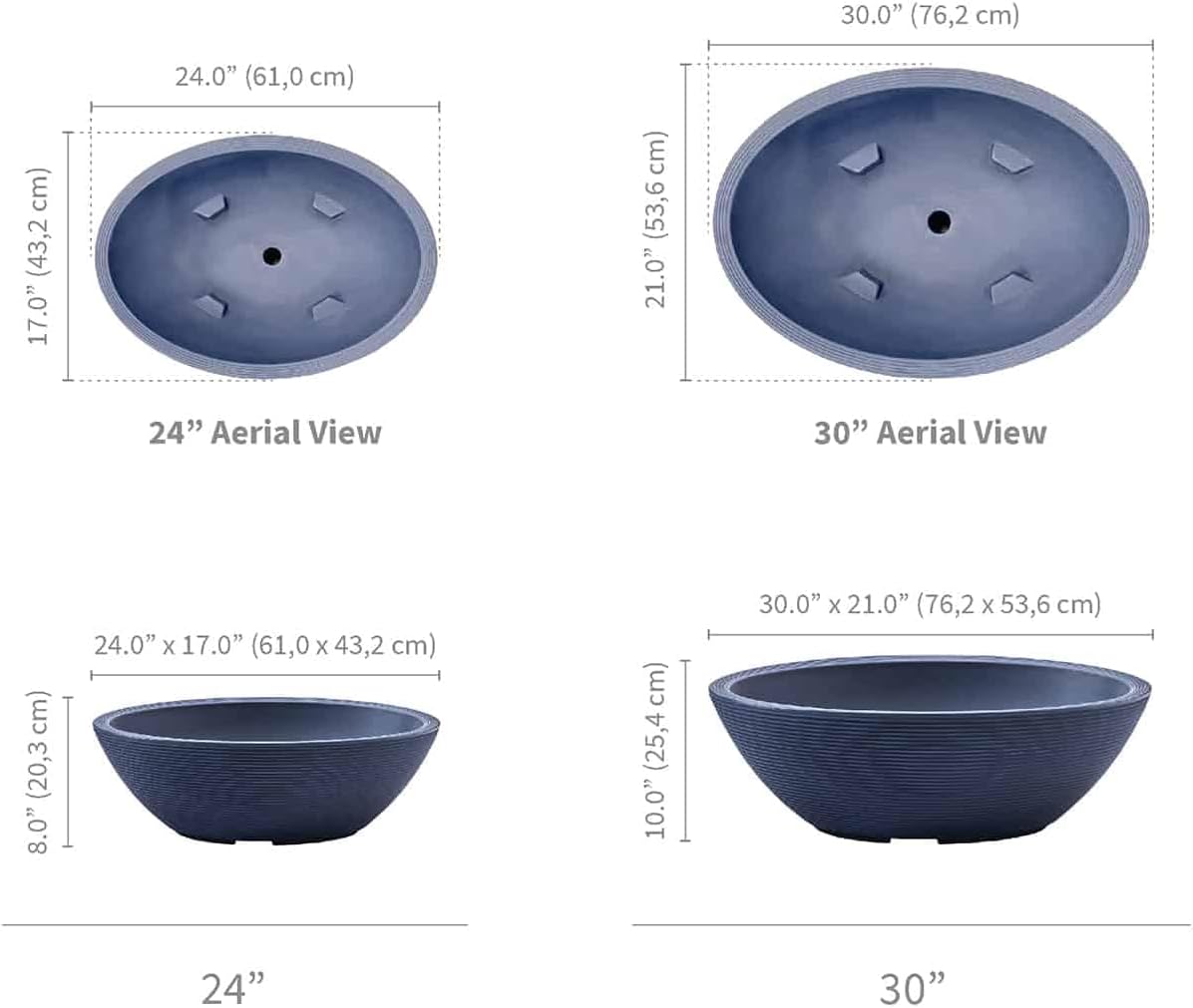 Crescent Garden Delano Oval Planter Bowl, Succulent Garden, Unique Indoor/Outdoor Double-Walled Plant Bowl with Plug- Oval Shape - 30" L x 21" W x 10" H (Midnight Blue)