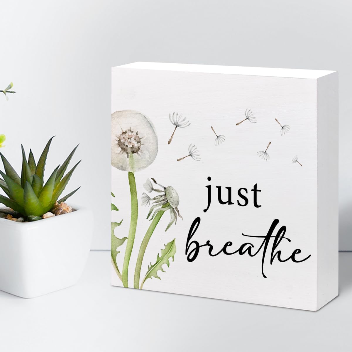 Z-Crange Just Breathe Dandelion Wood Block Sign, Rustic Wooden Plaque for Home, Bedroom, Meditation Space, Office, Shelf, Table Decor