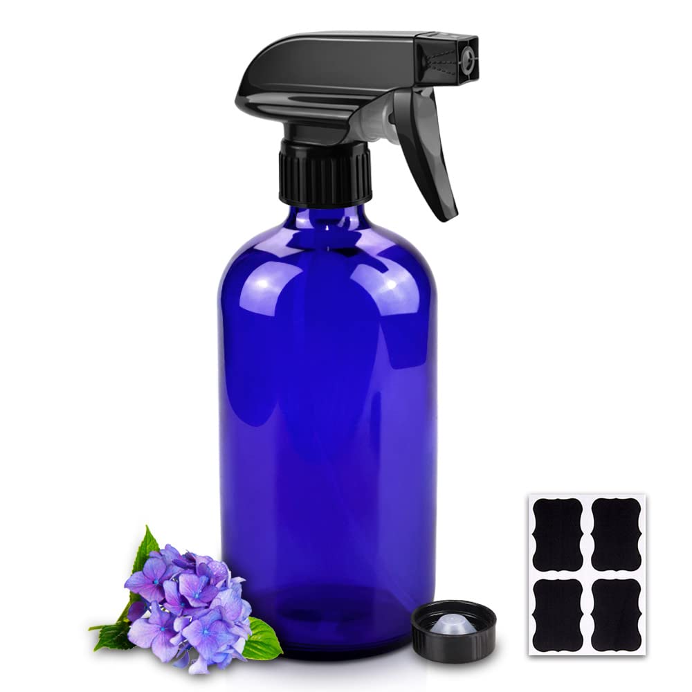 Glass Spray Bottles, 16oz Blue Glass Spray Bottles with Labels & Adjustable Nozzle, Reusable Containers for Cleaning, BBQ, Food, Plants, Alcohol, Essential Oils(1 Pack)