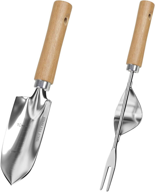 LeMotech Garden Tool Set, 2Pcs Gardening Hand Tools, Stainless Steel Transplant Shovel and Weeder with Handle, Outdoor Gardening Kit for Women Men