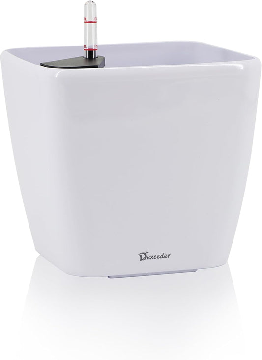 Dexceder 11x10 Self Watering Planter Indoor Outdoor, Inner Mat Design, Thickened Table Flower Plant Pot with Water Level Indicator (White High Gloss)