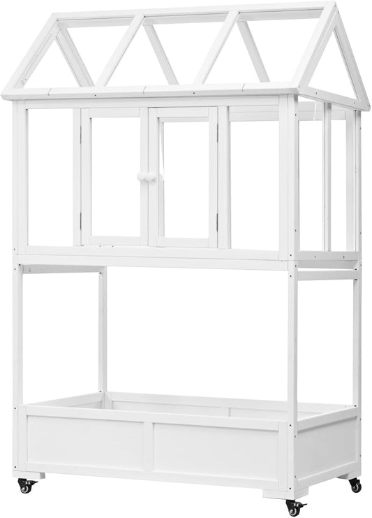 Wooden Cold Frame Greenhouse with Wheels, Portable Fir Garden Plant House with Storage Box, Openable Roof for Seedlings, Herbs, Winter Crops, Perfect for Patio, Balcony, Garden
