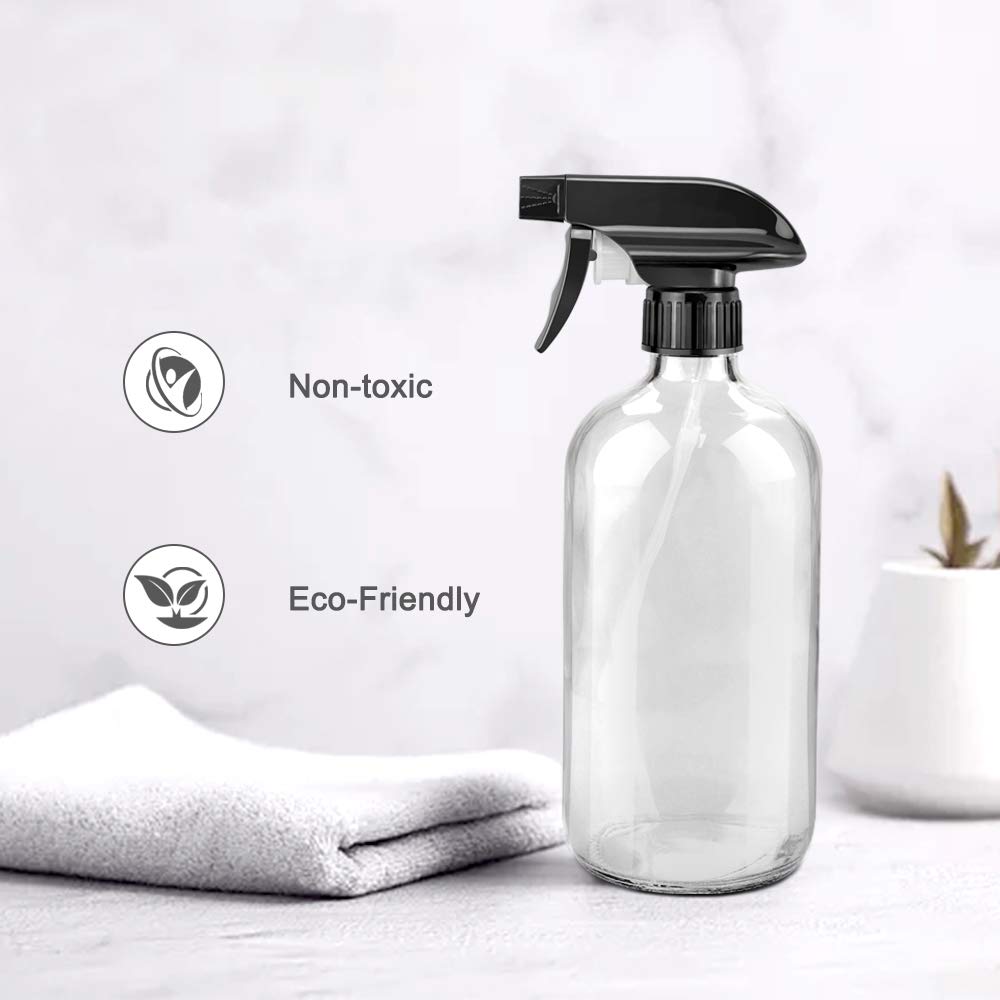 Glass Spray Bottles, 16oz Clear Glass Spray Bottles with Labels & Adjustable Nozzle, Reusable Containers for Cleaning, BBQ, Food, Plants, Alcohol, Essential Oils(3 Pack)