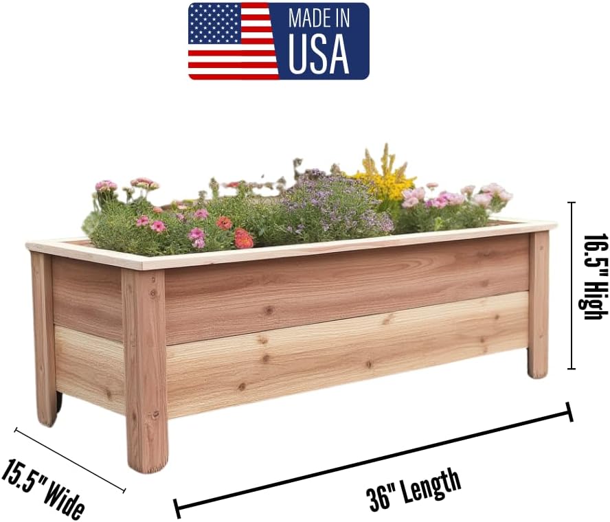 Handmade Custom Heavy Duty Rectangular Raised Cedar Wood Garden Planter Box – 46", 36", 24" – Indoor/Outdoor Farmhouse Style for Flowers & Vegetables – Made in USA (36" L x 15.5" W x 16.5" H)