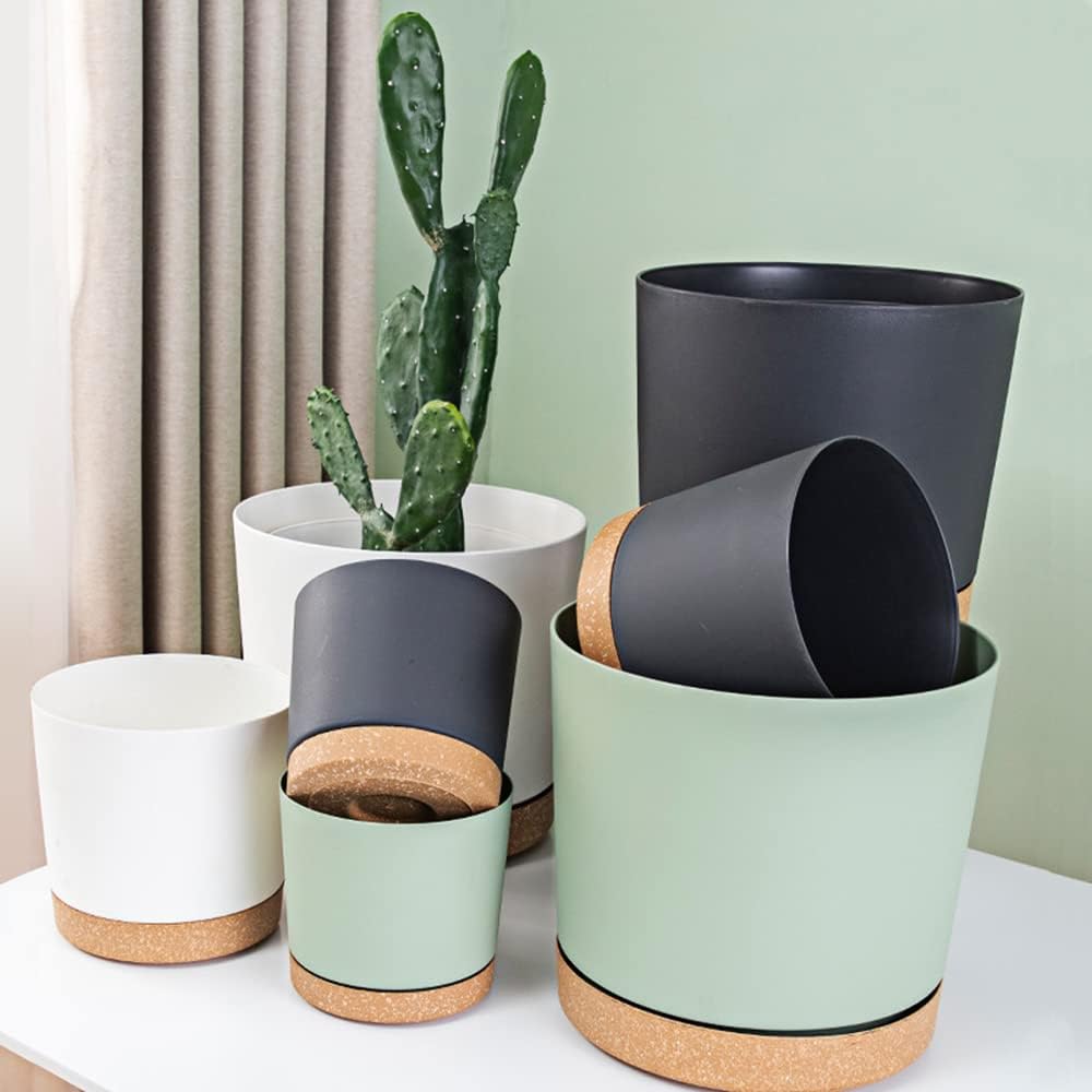 ZMTECH Plant Pots, Set of 6 6.5'' Self Watering Plastic Planter with Drainage Hole and Saucer,Modern Decorative Flower Pot for Indoor Outdoor House Plants, Succulents, Flowers - White