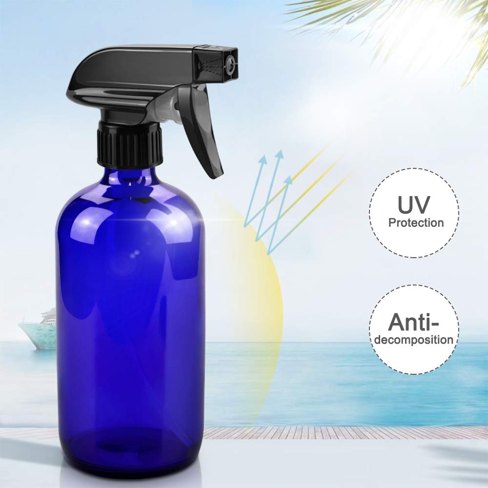 Glass Spray Bottles, 16oz Refillable Containers, Empty Boston Round Bottles with Labels & Adjustable Nozzle for Cleaning, Gardening, Aromatherapy, Pets, Plant, Hair -Blue (2 Pack)
