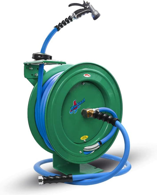 Auto Retractable Water Hose Reel with Hot & Cold Water Rubber Garden Hose, Spray Nozzle - Ultra Light, Super Strong with 6' Lead-in Hose (5/8” x 50’ Green)