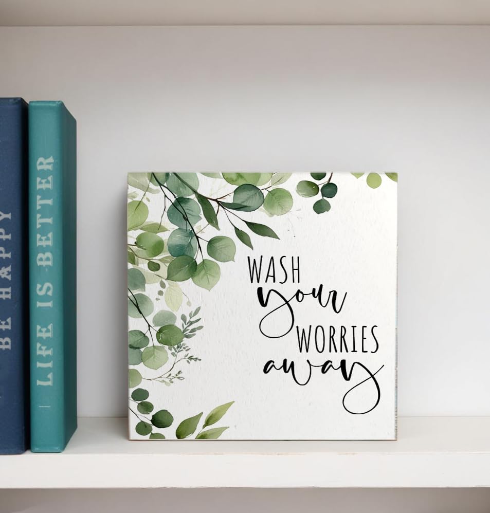 Wash Your Worries Away Funny Bathroom Wooden Box Sign, Eucalyptus Botanical Wood Signs for Restroom Bathroom Toilet Half Bath Shelf Counter Decor, 5x5 Inch