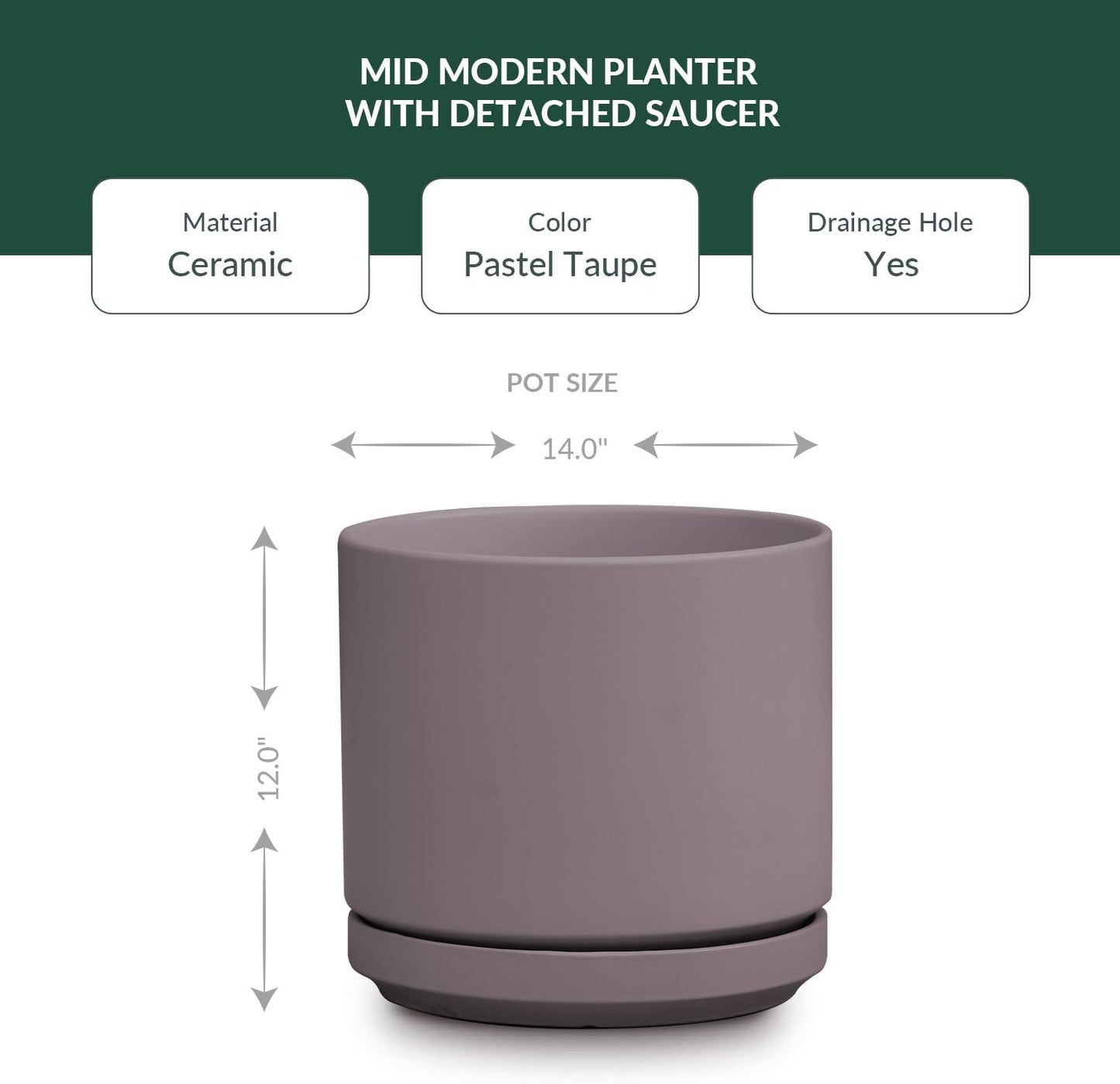 Mid Modern Planter with Detached Saucer (Pastel Taupe,14.0" D x 12.0" H)