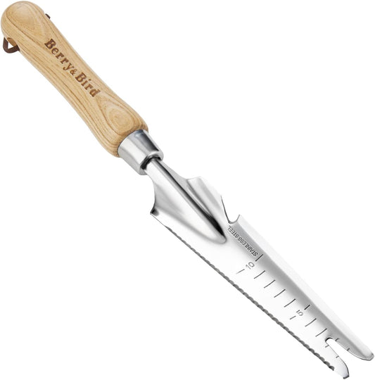 Berry&Bird Garden Hand Weeding Trowel, Stainless Steel Weeder Tool for Gardening with Wooden Handle, Multifunctional Manual Weed Puller & Digging Knife for Planting Transplanting Cutting Measuring