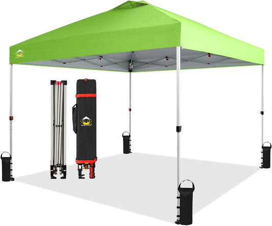 CROWN SHADES 10x10 Pop Up Canopy - Beach Tent with One Push Setup - Easy Outdoor Sun Shade for Events, Parties, Camping - Gazebo with STO-N-Go Cover Bag, Silver Coated Top, Green