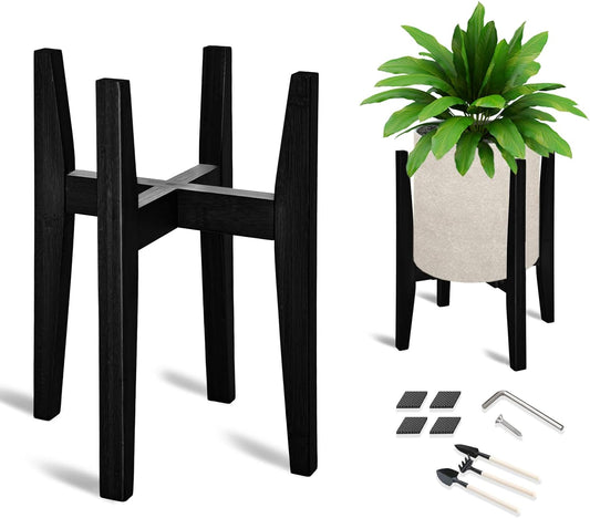OERGKE Adjustable Plant Stand Indoor, Bamboo Mid Century Modern Plants Stands, Corner Flower Holder for Living Room, Fits 8 to 12 Inches Pots, (Pot & Plant Not Included)(Black, 1 Pack)
