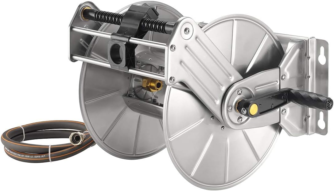 Giraffe Tools Stainless Steel Garden Hose Reel Heavy Duty, Wall/Floor Mounted Stainless Water Hose Reel Retractable with Crank, 150-Feet 5/8" Hose Capacity