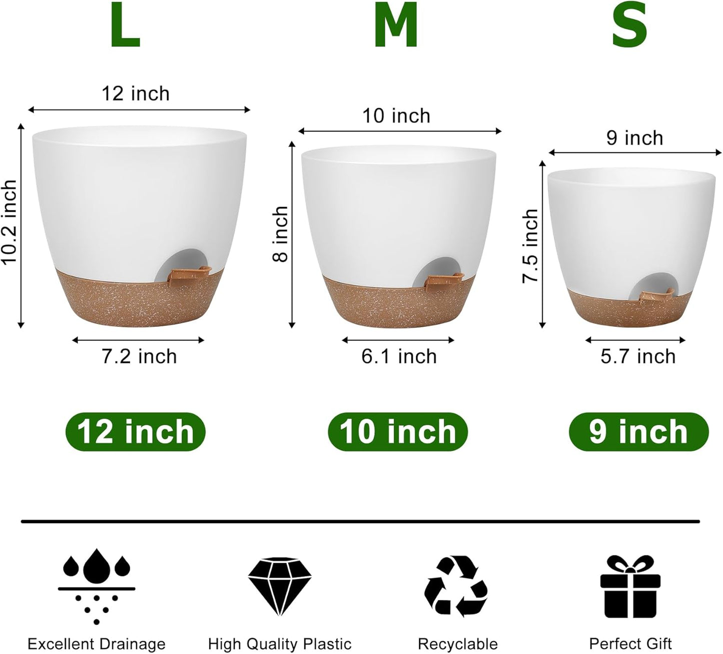 Plant Pots 12/10/9 Inch Self Watering Pots, Set of 3 Plastic Planters with Drainage Holes and Saucers,Plastic Flower Pots,Nursery Planting Pot for Indoor Out Door Plants(White)