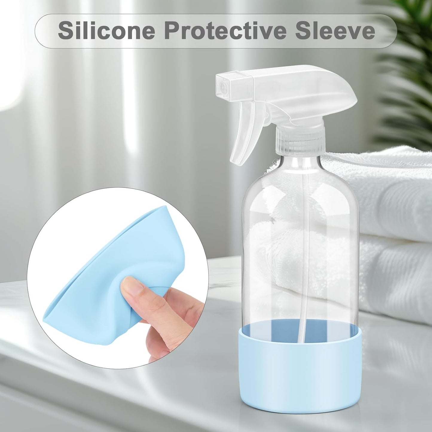 2 Pack Glass Spray Bottles with Silicone Sleeve, 16 oz Empty Refillable Containers with Adjustable Spray Nozzles, Spray Bottles for Hair, Cleaning Solutions and Plants Blue