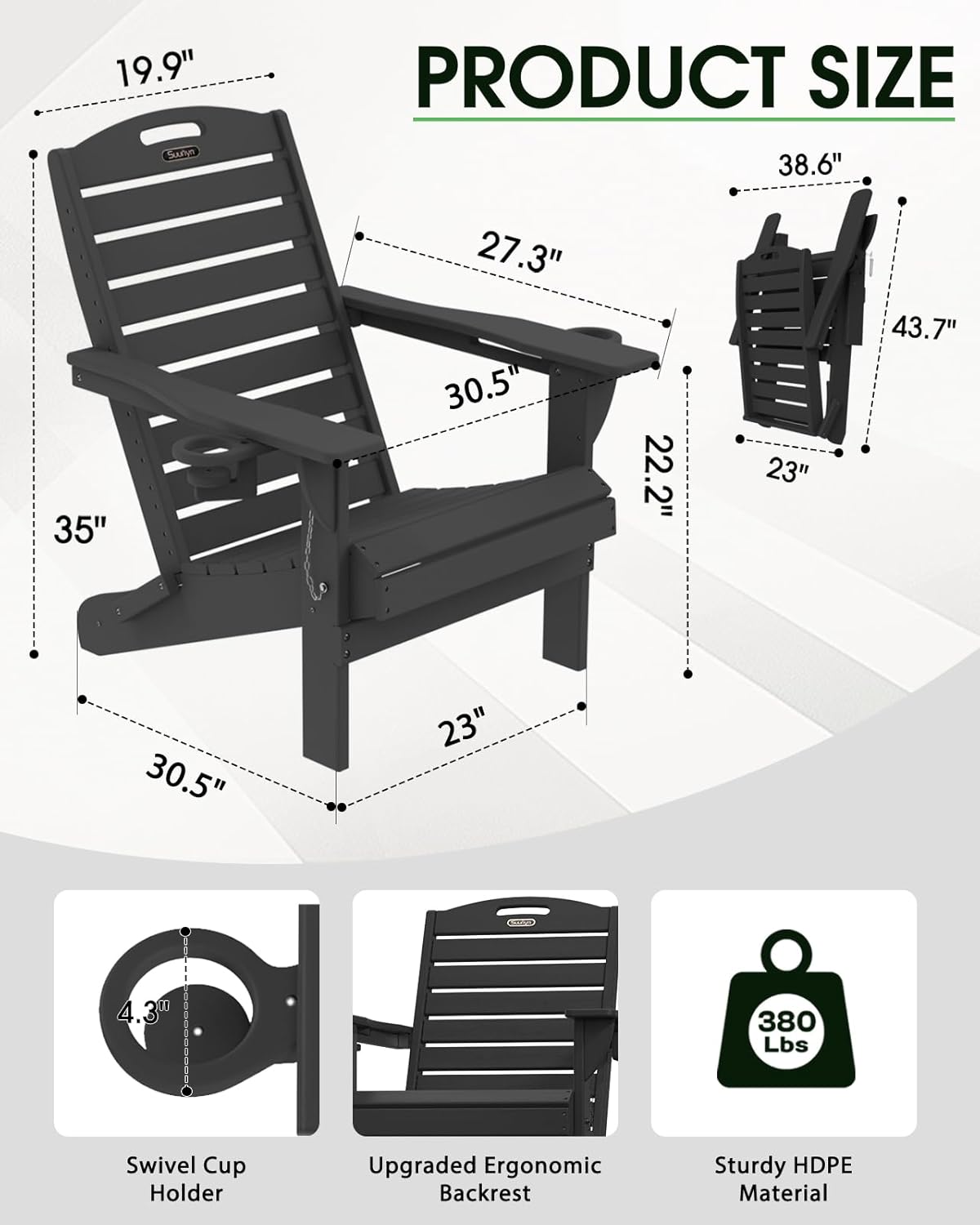 Adirondack Chairs Set of 6, Outdoor Fire Pit Chairs, HDPE All-Weather Adirondack Chairs with Cup Holder, Lawn Chair for Deck, Patio, Garden (Black)