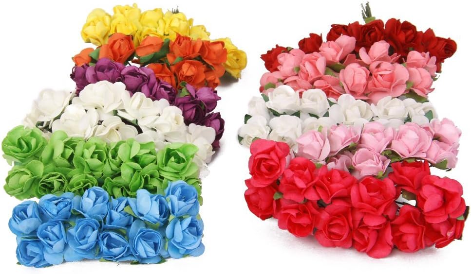 Mini Fake Rose Flower Heads 144pcs Mini Artificial Mulberry Paper Roses Flower with Wire Stem DIY Wedding Flowers Accessories Make Bridal Hair Clips Headbands Dress (Hot Pink)