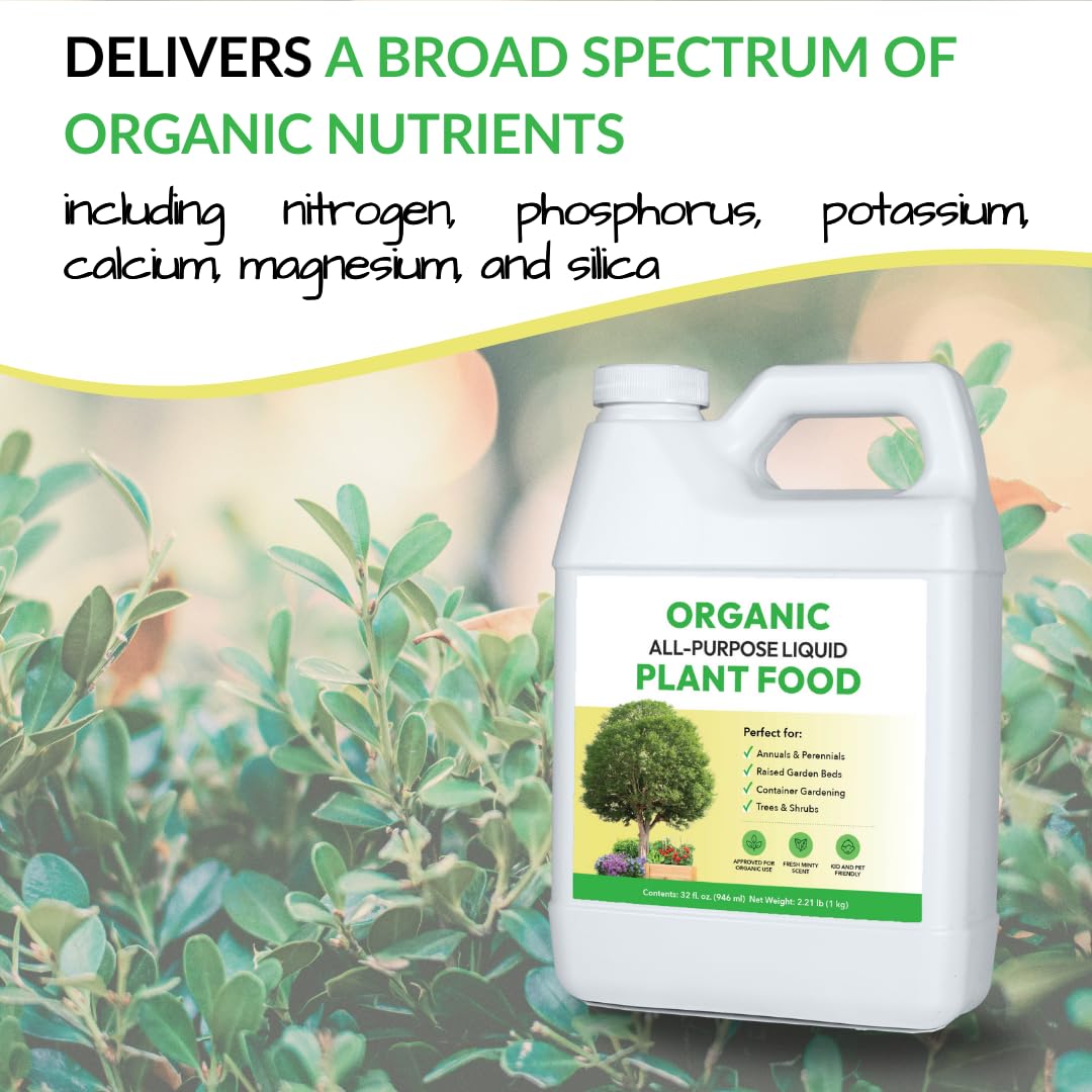 Organic All-Purpose Liquid Plant Food - Use on All Outdoor Plants: Flower Beds, Vegetable Gardens, Container Gardening | Concentrated Liquid Fertilizer Alternative (32oz, 2 Pack, Mixes to 64 Gallons)