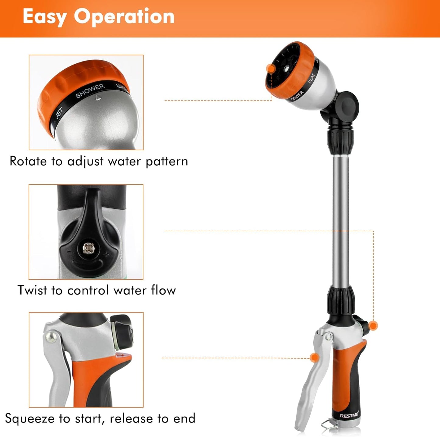 RESTMO Metal Watering Wand, Heavy Duty Garden Hose Wand with 180° Swivel Ratcheting Head, 16'' Hose Nozzle Sprayer with 7 Spray Patterns and Flow Control, for Water Hanging Baskets and Shrubs, Orange