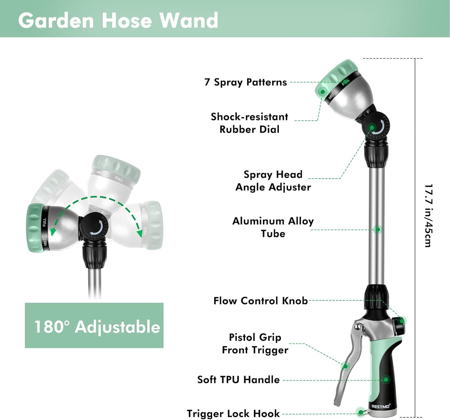 RESTMO Metal Watering Wand, Heavy Duty Garden Hose Wand with 180° Swivel Ratcheting Head, 16'' Hose Nozzle Sprayer with 7 Spray Patterns and Flow Control, for Water Hanging Baskets and Shrubs, Cyan