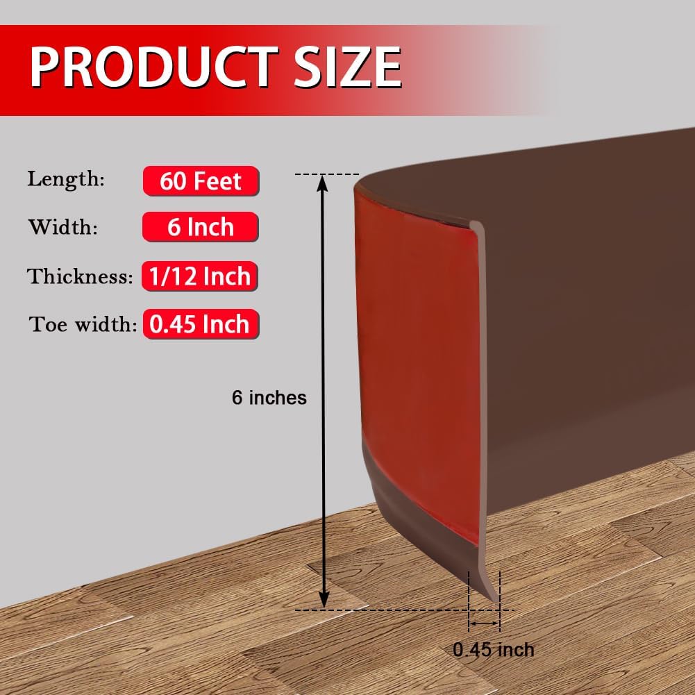 Vinyl Wall Base Baseboard Molding Trim 6" Flexible Self Adhesive Rubber Wall Base Moulding Trim Peel and Stick Design, 6 Inch x 60 Feet, Brown